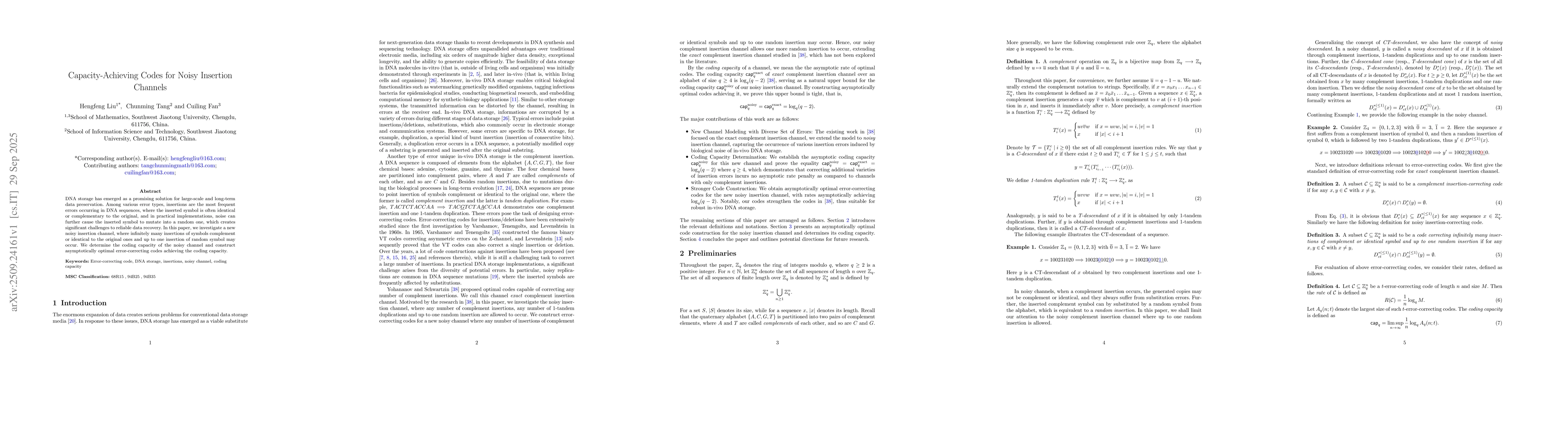 Thumbnail for Capacity-Achieving Codes for Noisy Insertion Channels