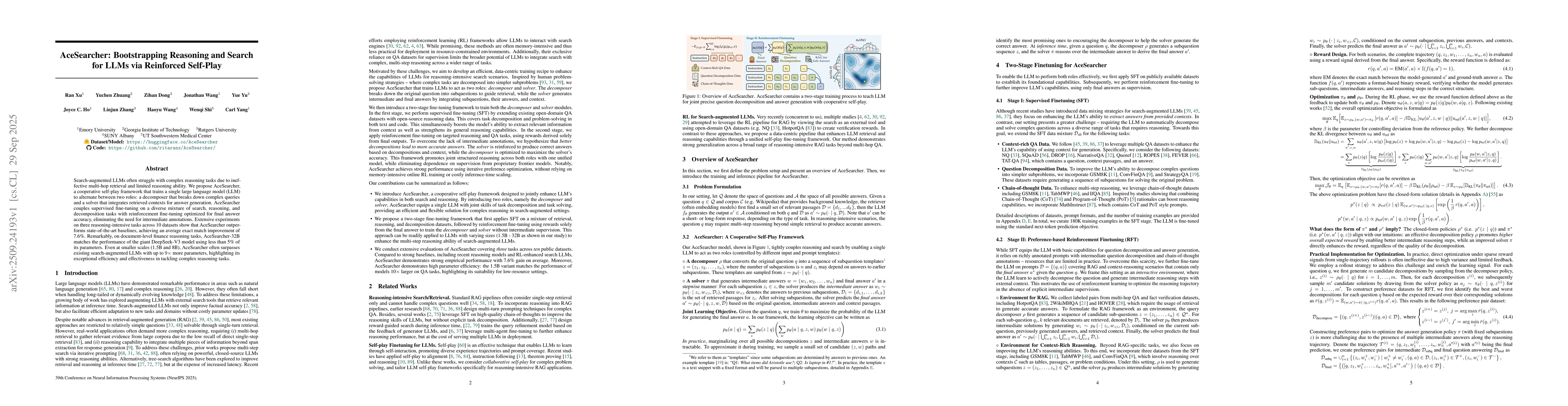 Thumbnail for AceSearcher: Bootstrapping Reasoning and Search for LLMs via Reinforced
  Self-Play