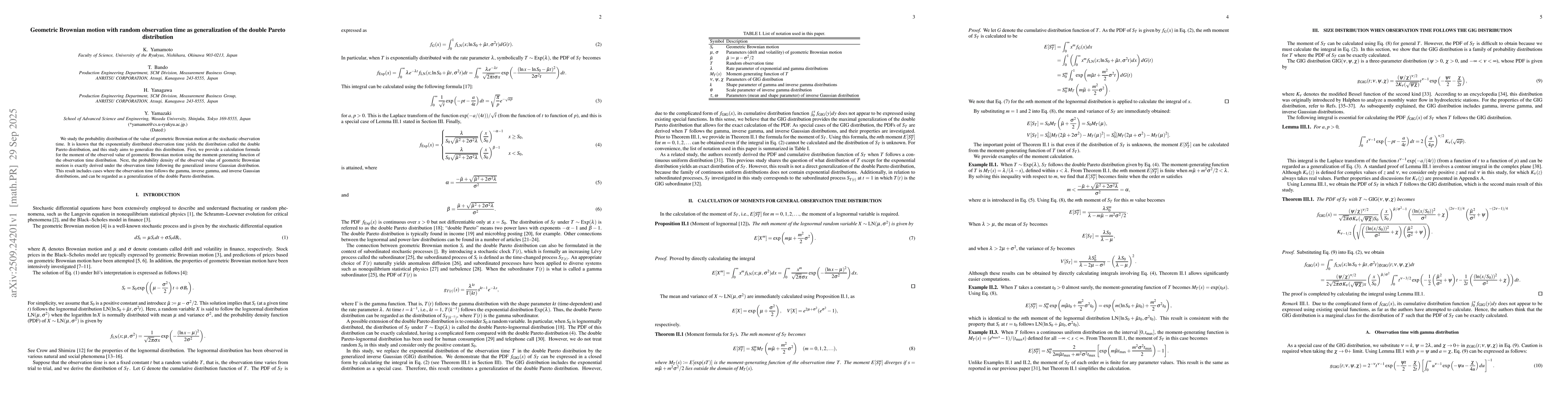 Thumbnail for Geometric Brownian motion with random observation time as generalization
  of the double Pareto distribution