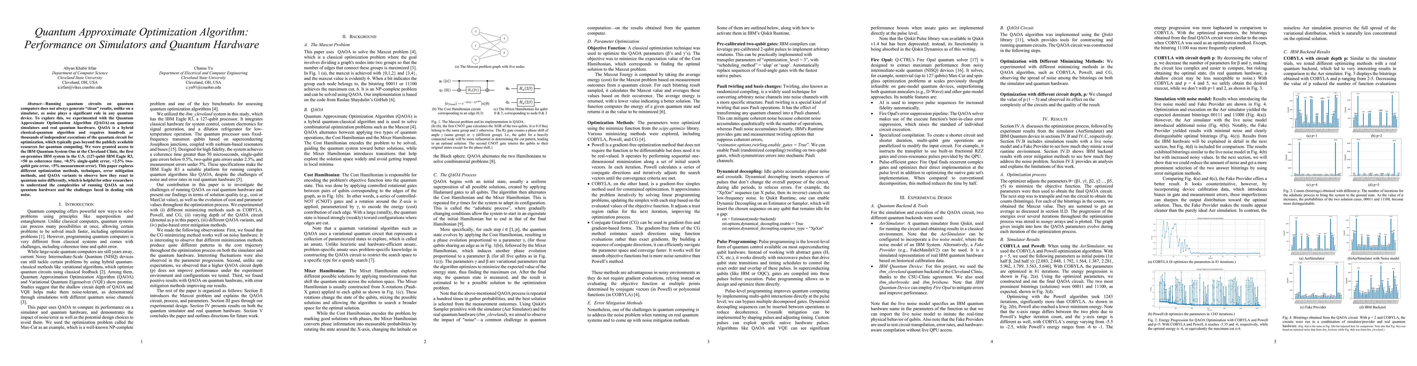 Thumbnail for Quantum Approximate Optimization Algorithm: Performance on Simulators
  and Quantum Hardware