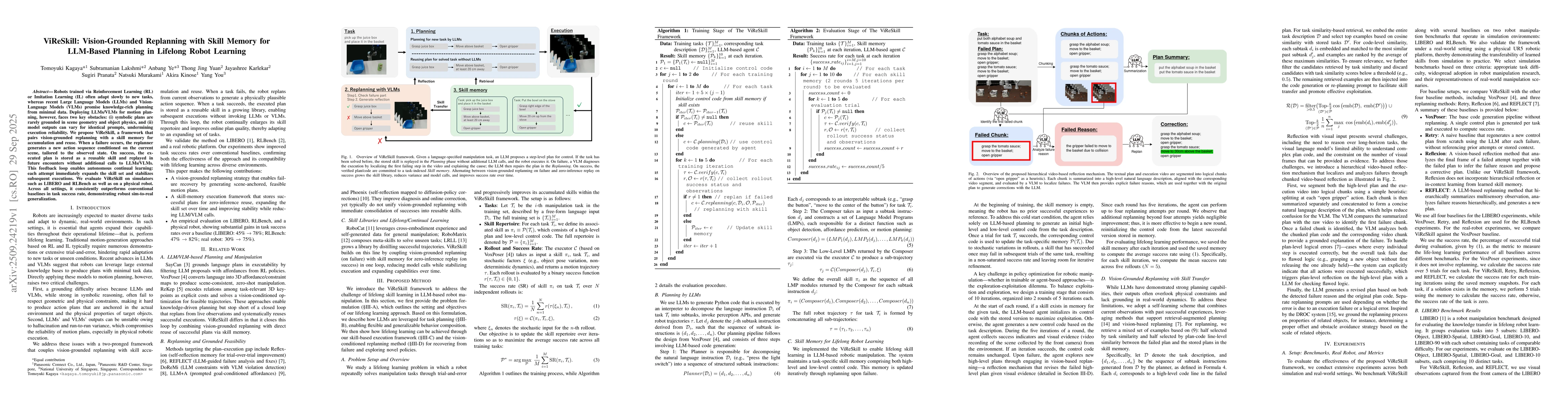 Thumbnail for ViReSkill: Vision-Grounded Replanning with Skill Memory for LLM-Based
  Planning in Lifelong Robot Learning
