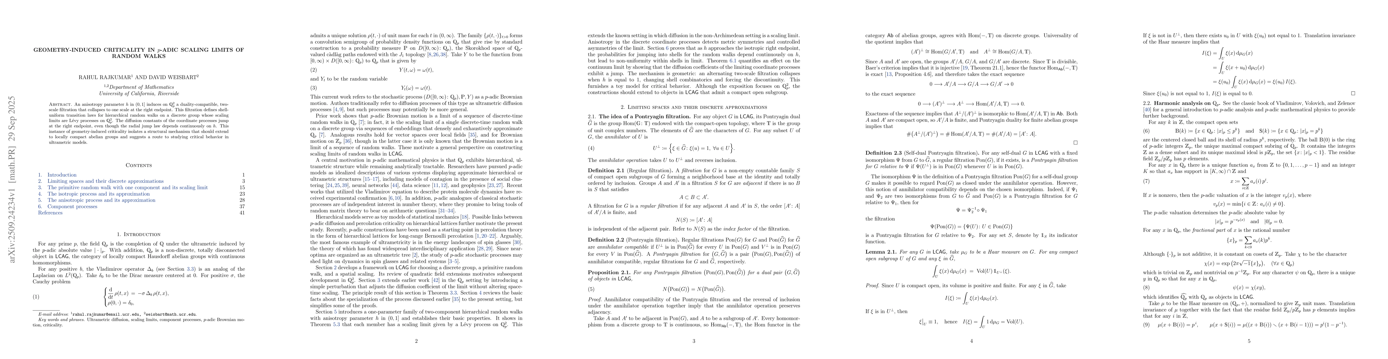 Thumbnail for Geometry-induced criticality in $p$-adic scaling limits of random walks