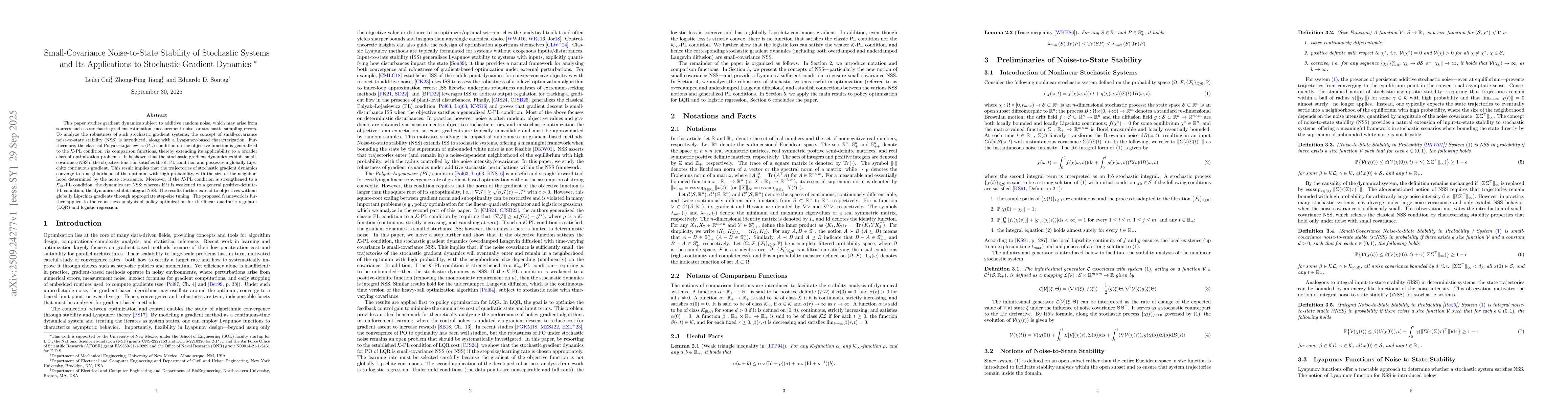 Thumbnail for Small-Covariance Noise-to-State Stability of Stochastic Systems and Its
  Applications to Stochastic Gradient Dynamics