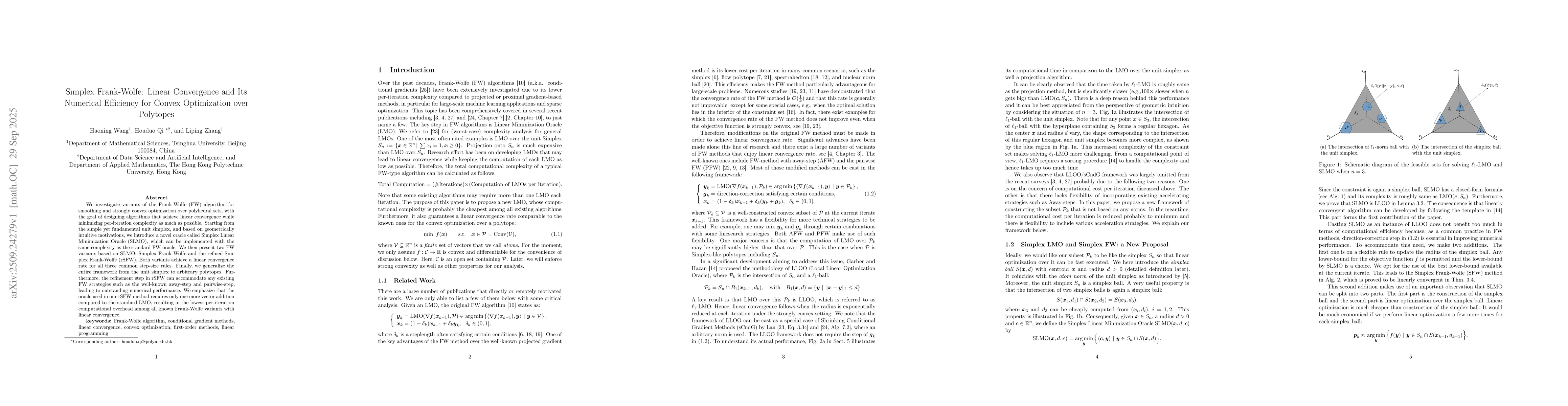 Thumbnail for Simplex Frank-Wolfe: Linear Convergence and Its Numerical Efficiency for
  Convex Optimization over Polytopes