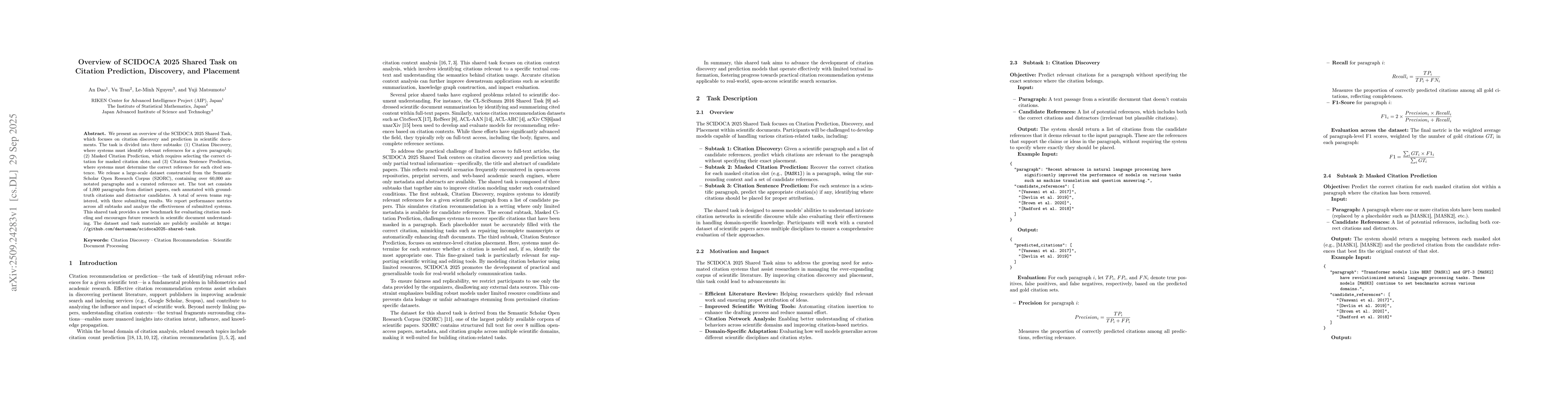 Thumbnail for Overview of SCIDOCA 2025 Shared Task on Citation Prediction, Discovery,
  and Placement
