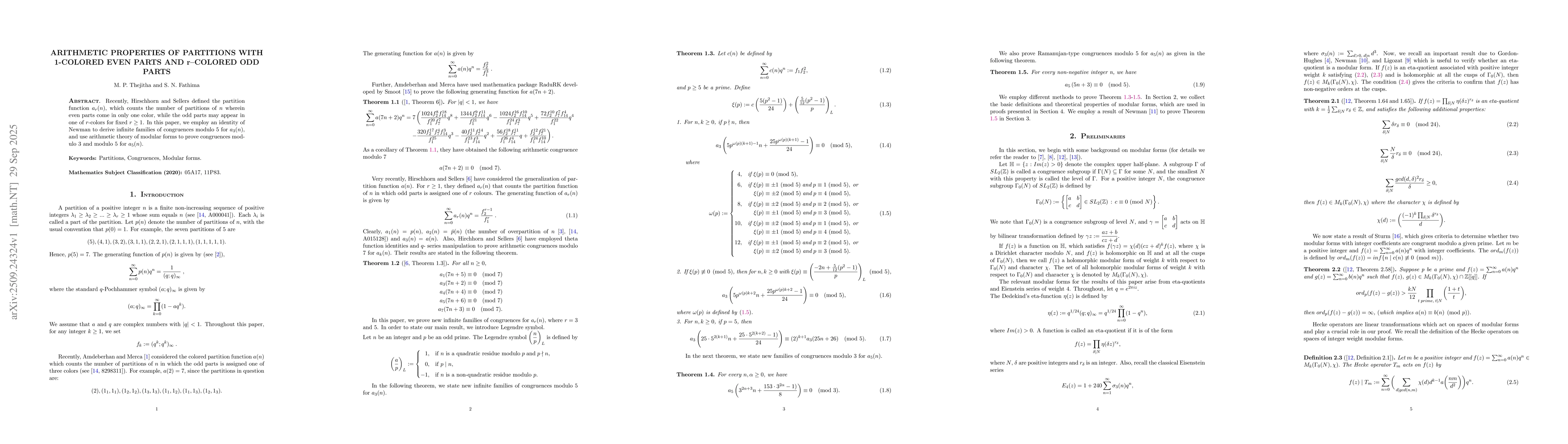 Thumbnail for Arithmetic Properties of Partitions with 1 colored Even Parts and r
  colored Odd Parts