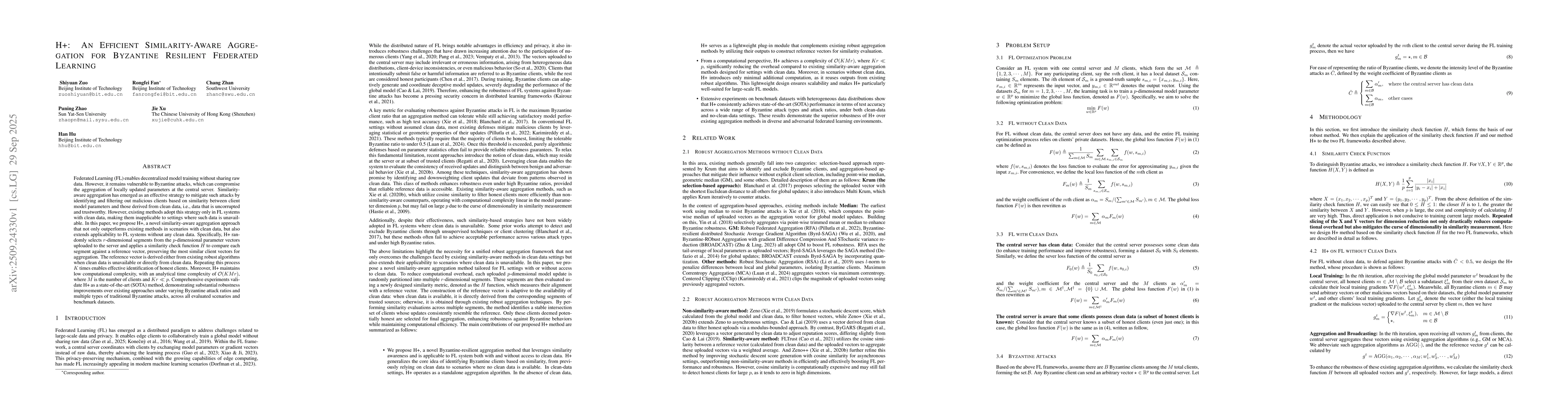 Thumbnail for H+: An Efficient Similarity-Aware Aggregation for Byzantine Resilient
  Federated Learning