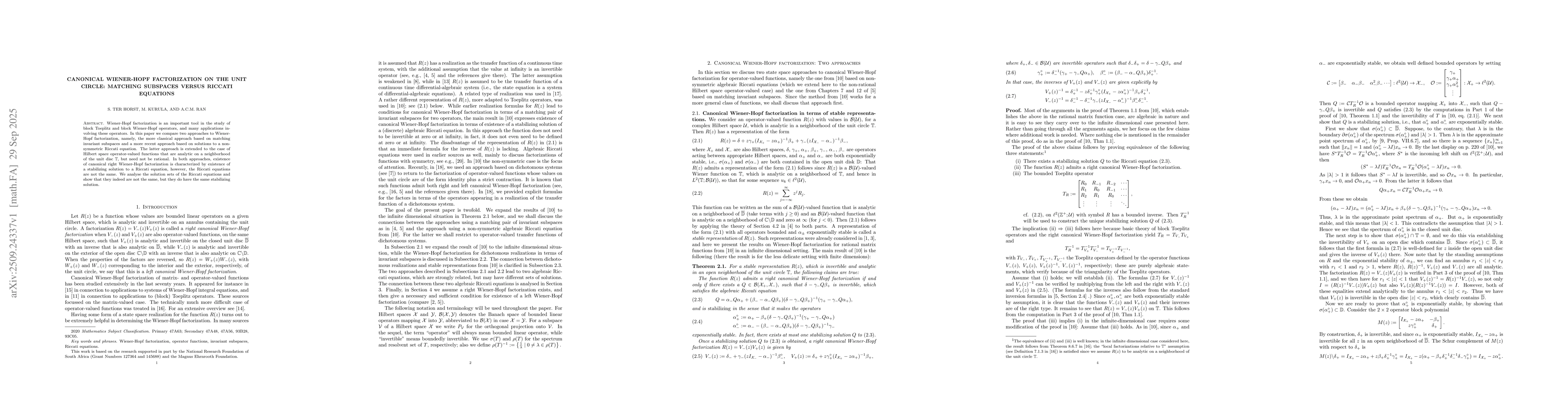 Thumbnail for Canonical Wiener-Hopf factorization on the unit circle: matching
  subspaces versus Riccati equations