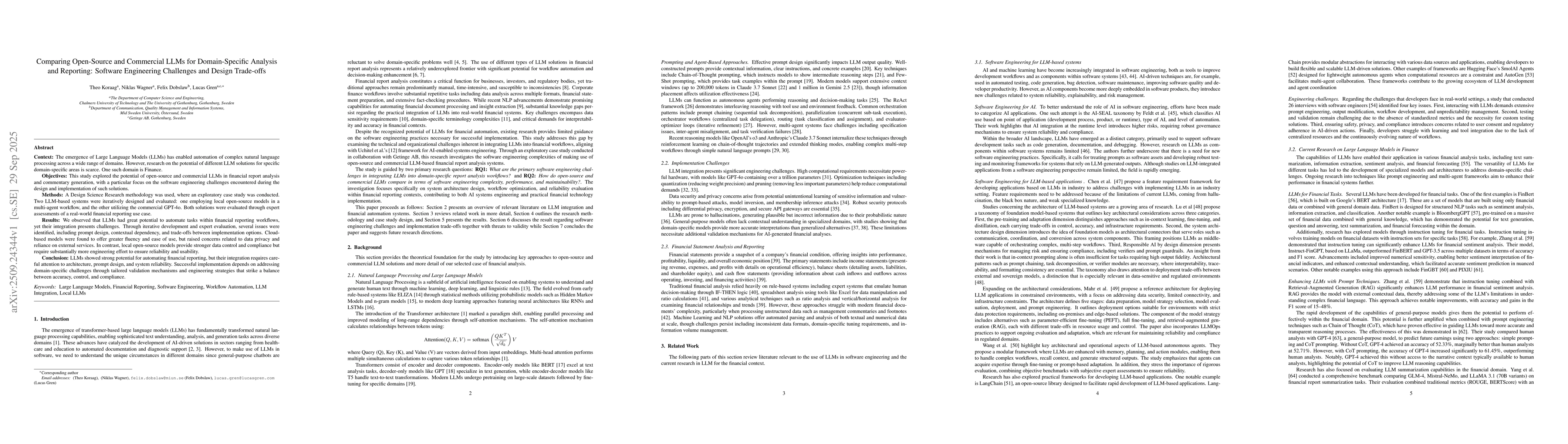 Thumbnail for Comparing Open-Source and Commercial LLMs for Domain-Specific Analysis
  and Reporting: Software Engineering Challenges and Design Trade-offs