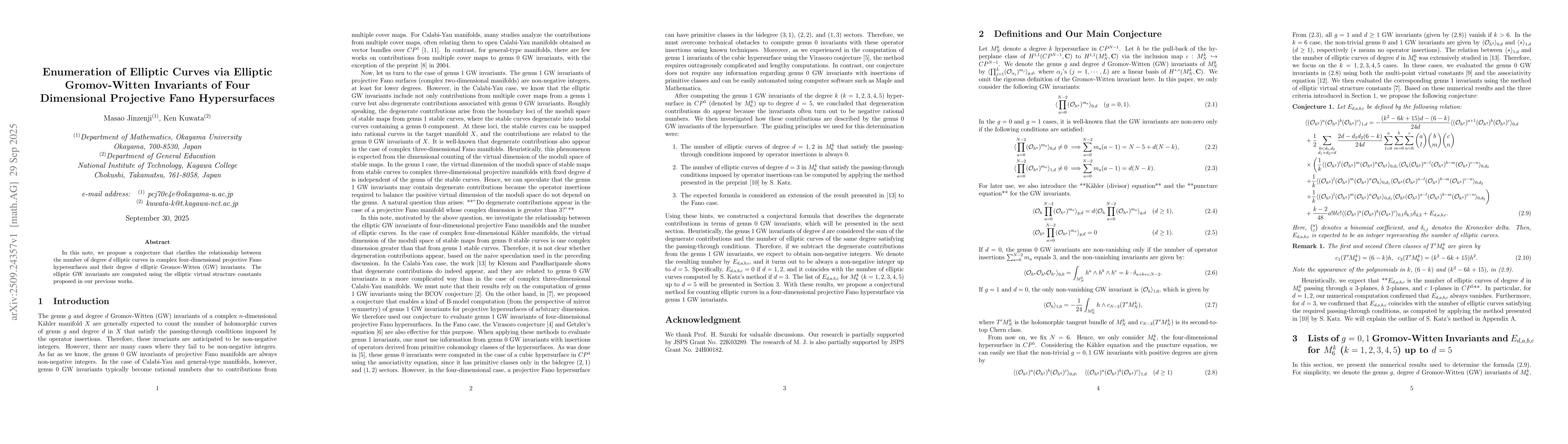 Thumbnail for Enumeration of Elliptic Curves via Elliptic Gromov-Witten Invariants of
  Four Dimensional Projective Fano Hypersurfaces