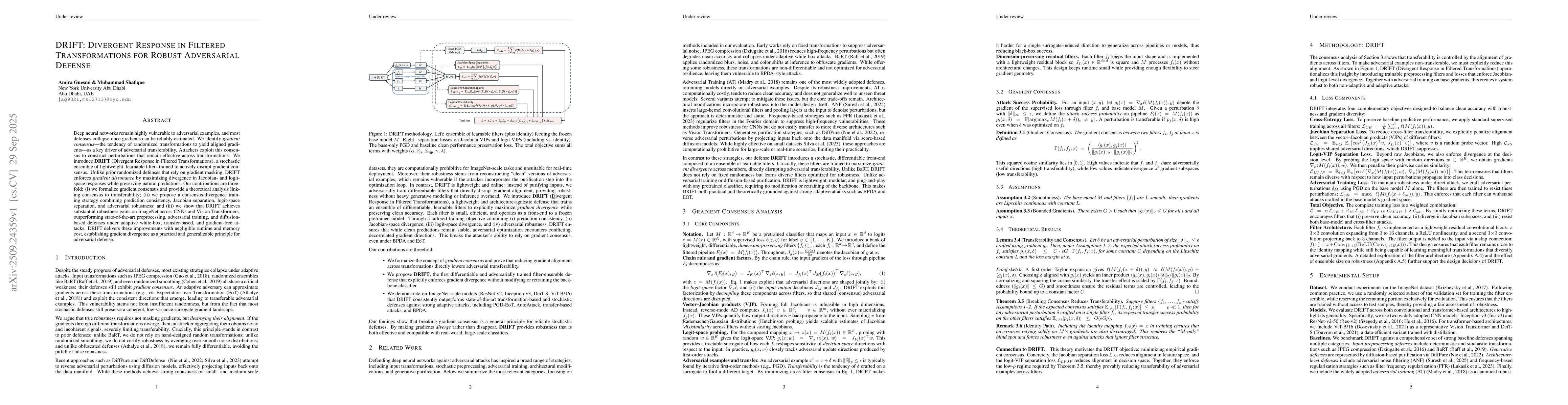 Thumbnail for DRIFT: Divergent Response in Filtered Transformations for Robust
  Adversarial Defense