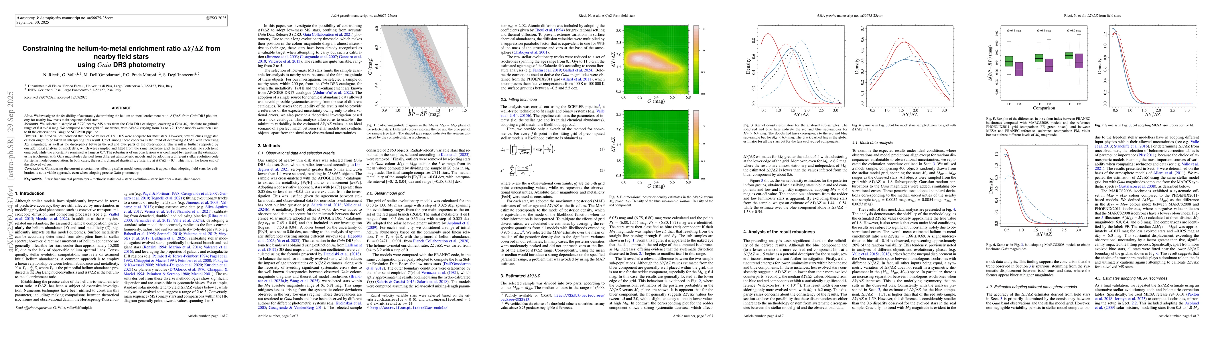 Thumbnail for Constraining the helium-to-metal enrichment ratio $ΔY/ΔZ$
  from nearby field stars using Gaia DR3 photometry