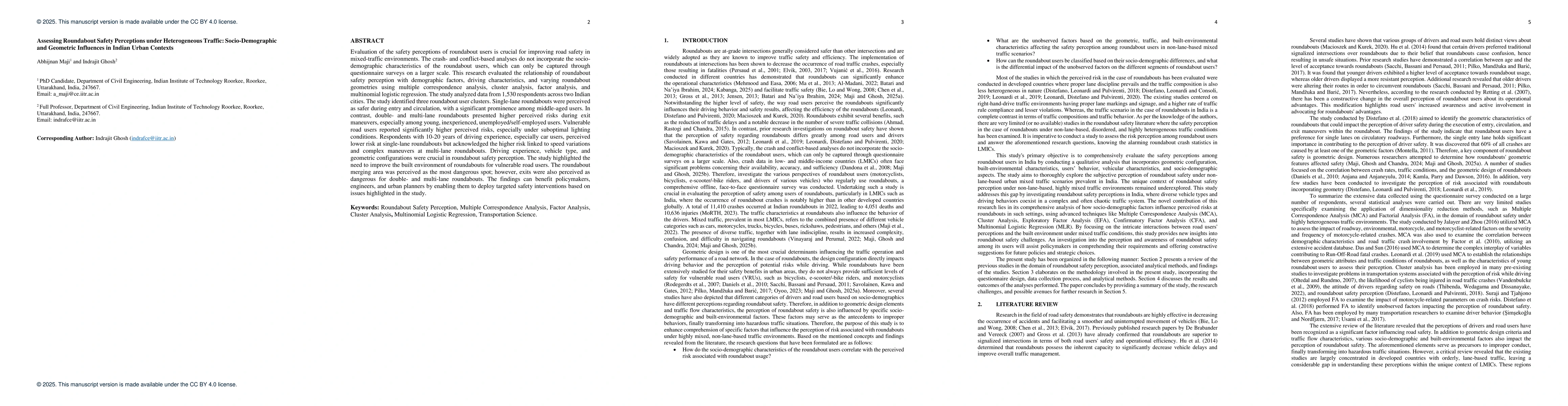 Thumbnail for Assessing Roundabout Safety Perceptions under Heterogeneous Traffic:
  Socio-Demographic and Geometric Influences in Indian Urban Contexts