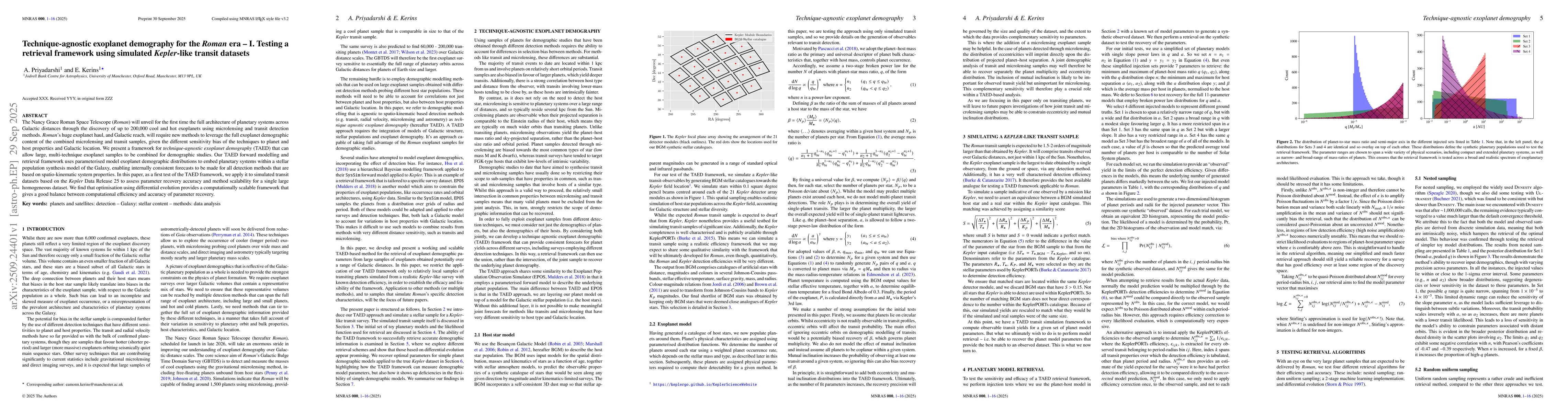 Thumbnail for Technique-agnostic exoplanet demography for the Roman era -- I. Testing
  a retrieval framework using simulated Kepler-like transit datasets