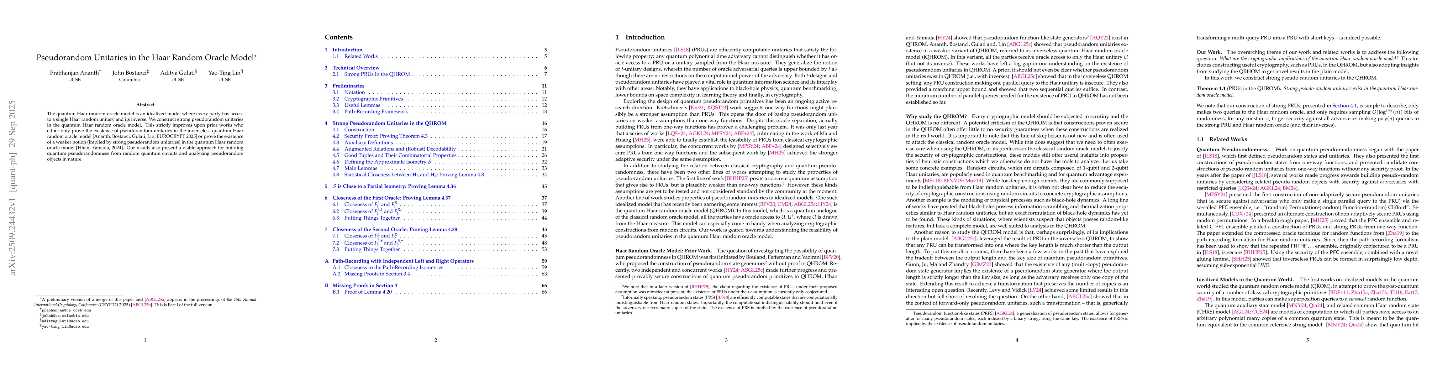 Thumbnail for Pseudorandom Unitaries in the Haar Random Oracle Model