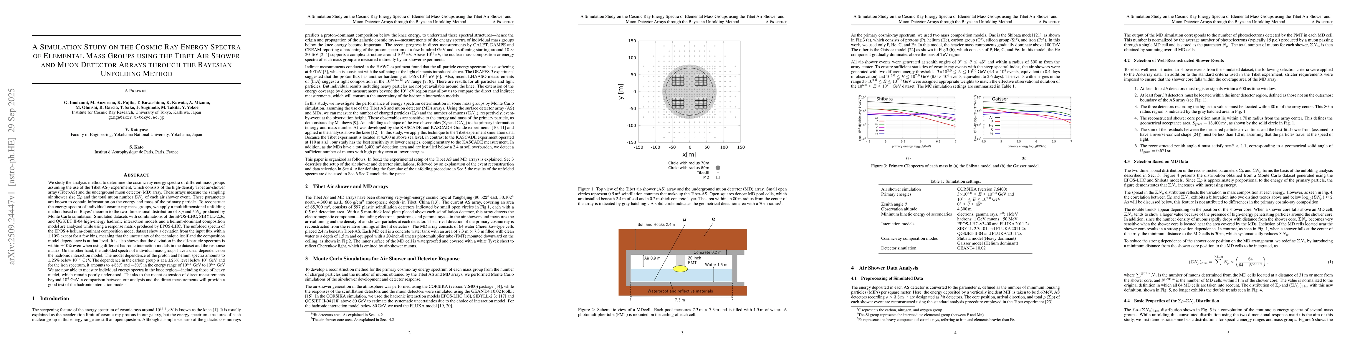 Thumbnail for A Simulation Study on the Cosmic Ray Energy Spectra of Elemental Mass
  Groups using the Tibet Air Shower and Muon Detector Arrays through the
  Bayesian Unfolding Method