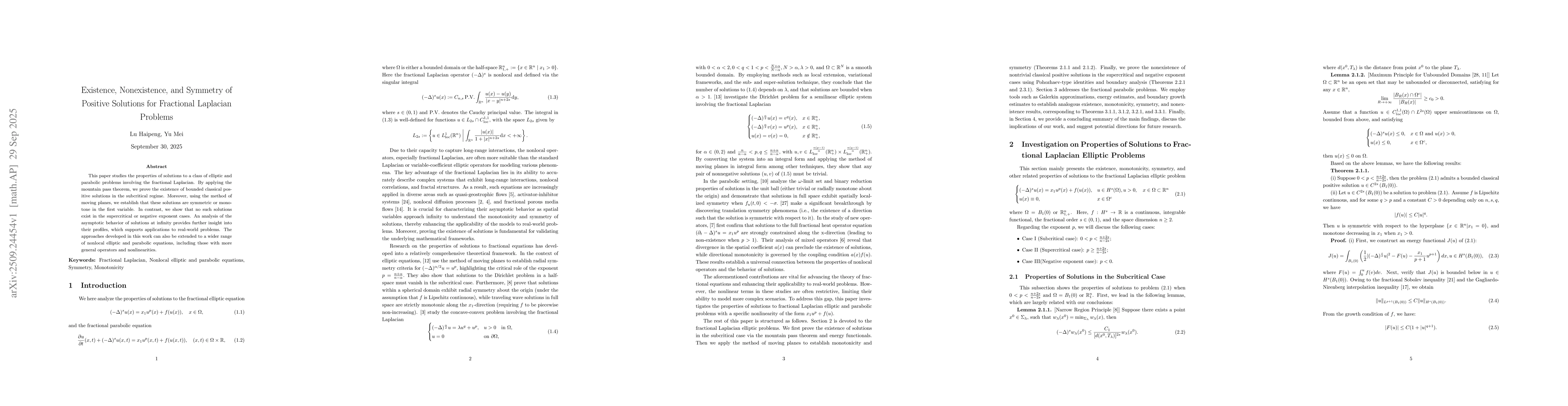 Thumbnail for Existence, Nonexistence, and Symmetry of Positive Solutions for
  Fractional Laplacian Problems