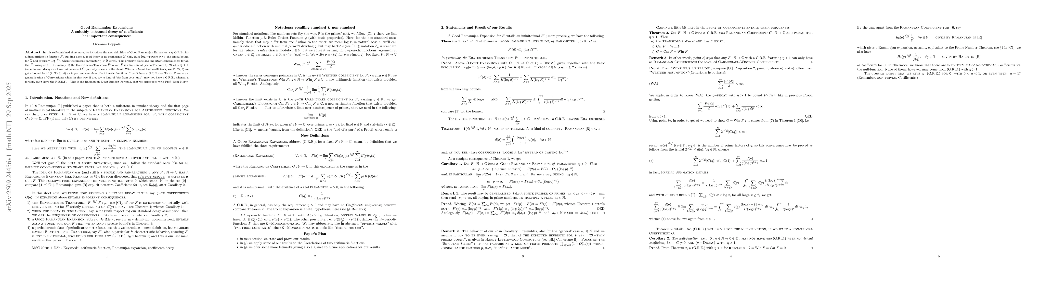 Thumbnail for Good Ramanujan Expansions: A suitably enhanced decay of coefficients has
  important consequences
