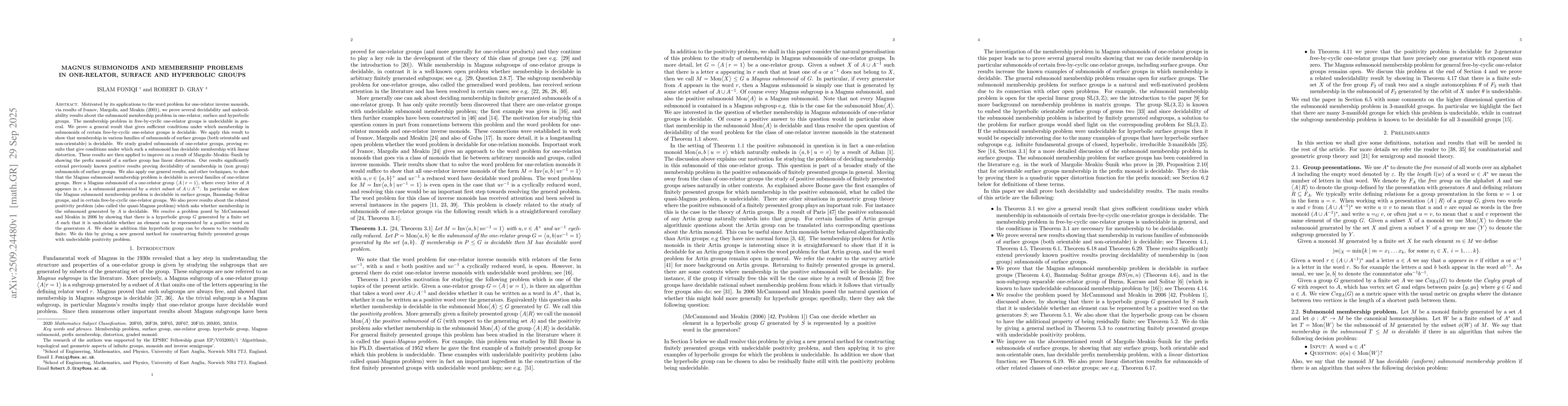 Thumbnail for Magnus submonoids and membership problems in one-relator, surface and
  hyperbolic groups
