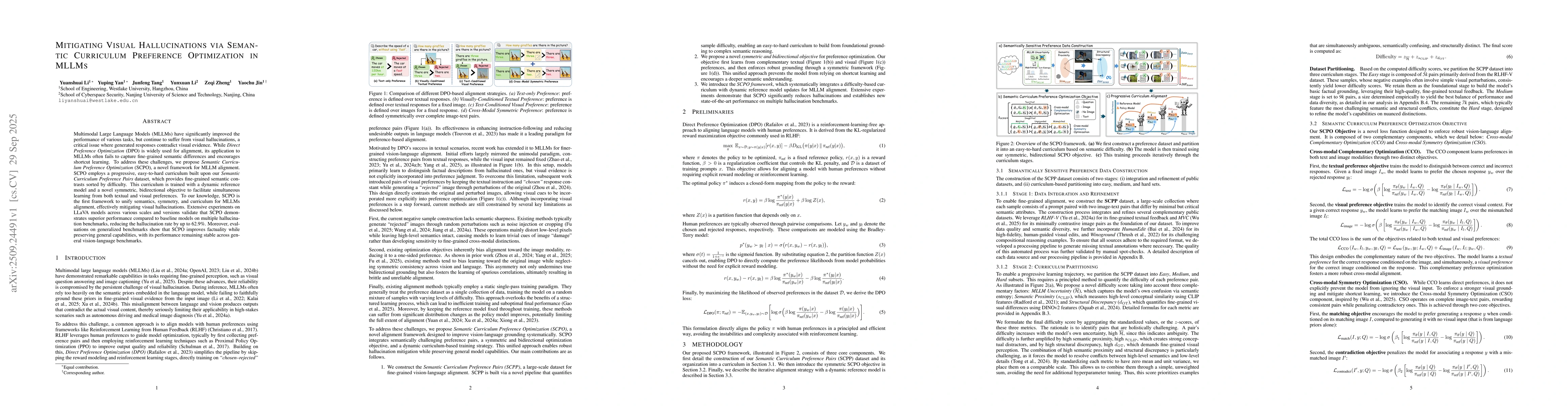 Thumbnail for Mitigating Visual Hallucinations via Semantic Curriculum Preference
  Optimization in MLLMs