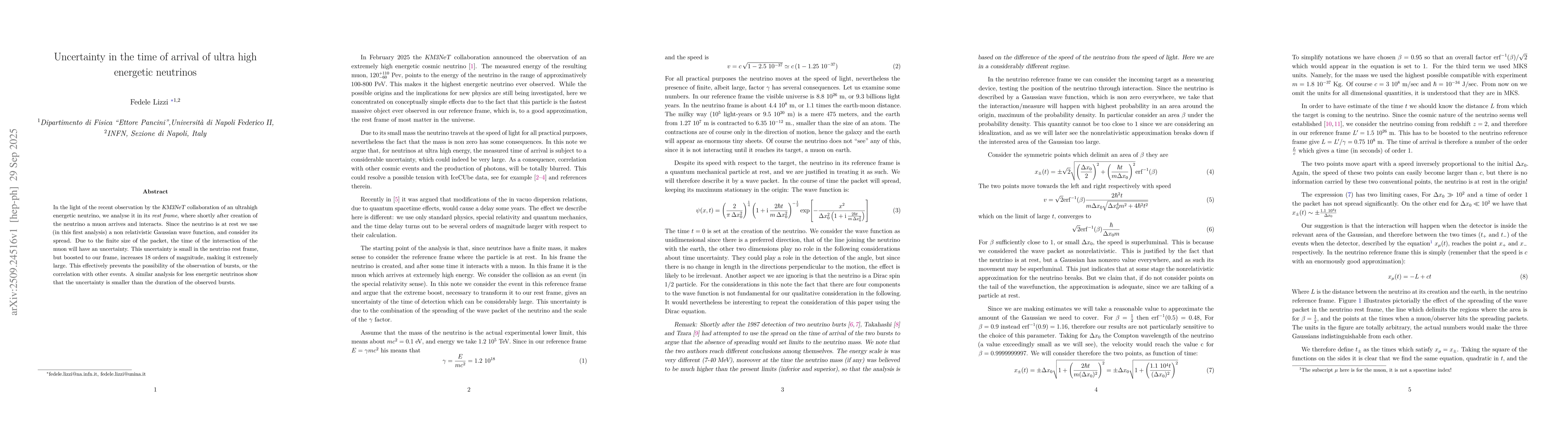 Thumbnail for Uncertainty in the time of arrival of ultra high energetic neutrinos