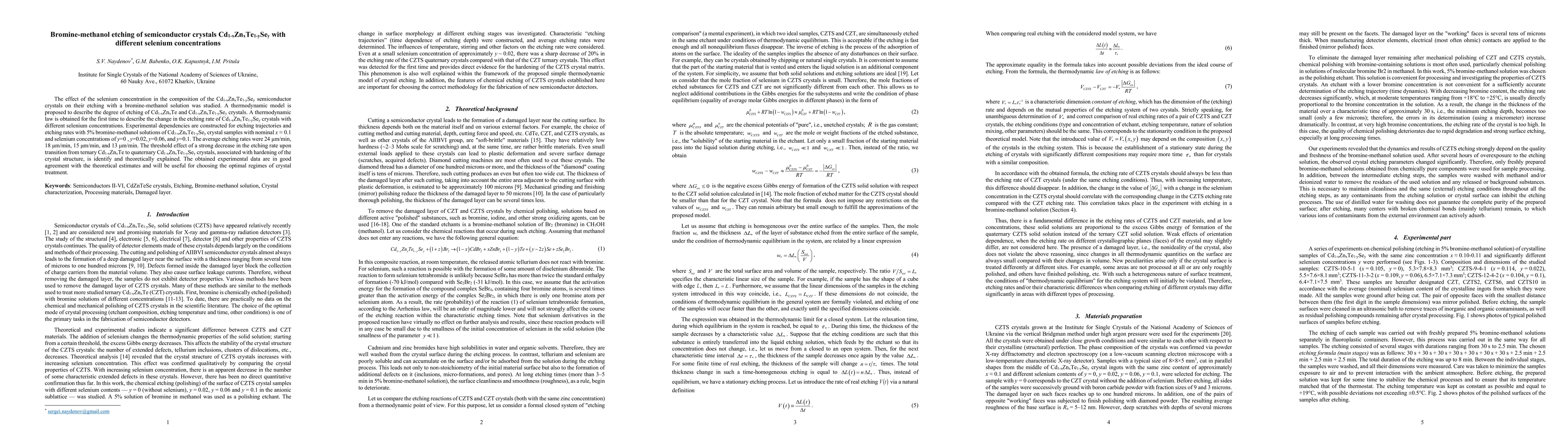 Thumbnail for Bromine-methanol etching of semiconductor crystals
  $Cd_{1-x}Zn_{x}Te_{1-y}Se_{y}$ with different selenium concentrations