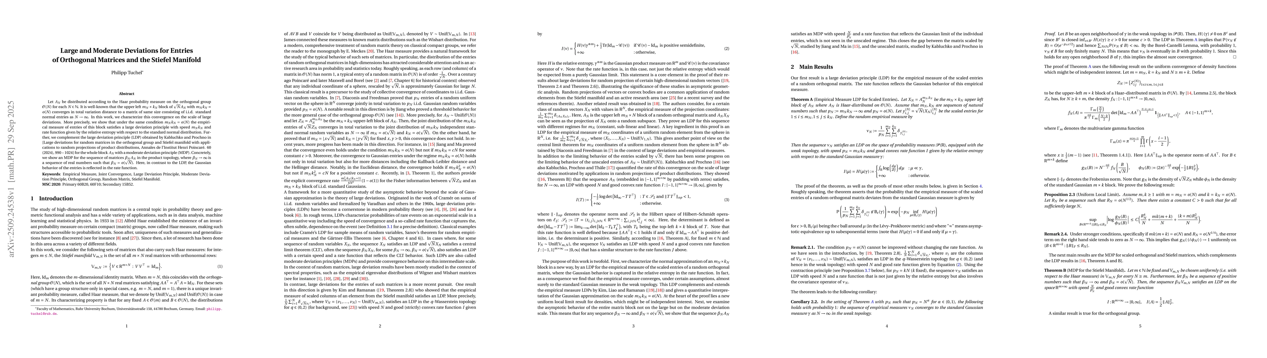 Thumbnail for Large and Moderate Deviations for Entries of Orthogonal Matrices and the
  Stiefel Manifold