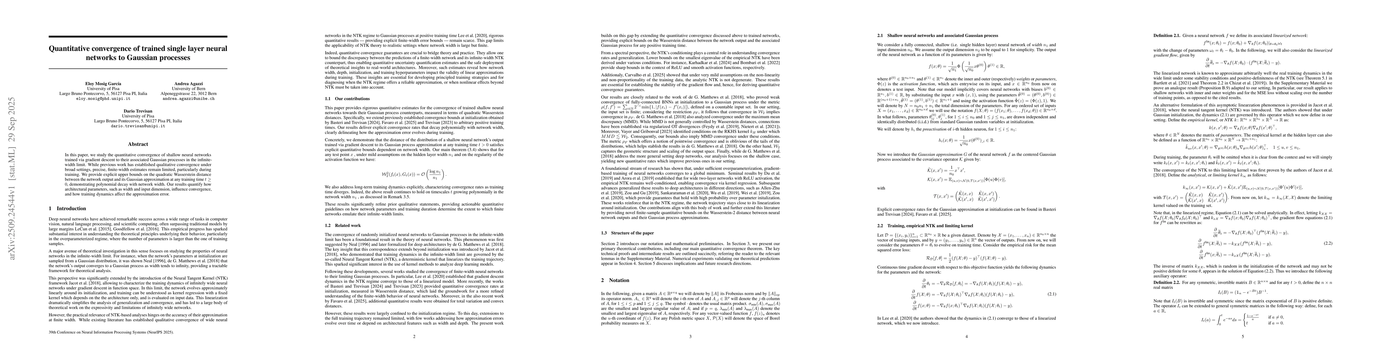Thumbnail for Quantitative convergence of trained single layer neural networks to
  Gaussian processes