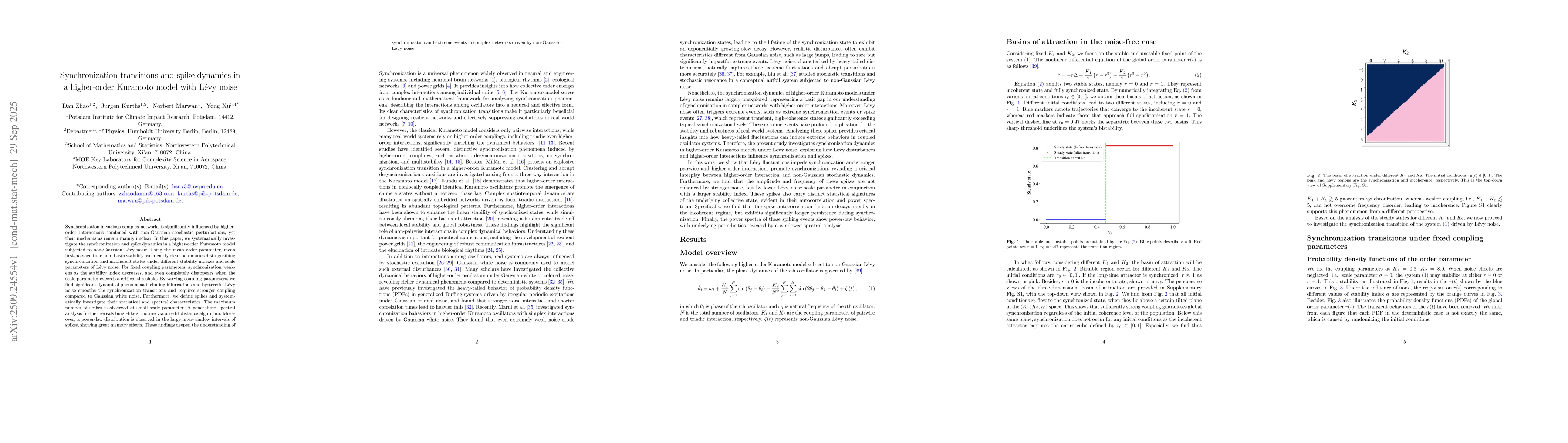 Thumbnail for Synchronization transitions and spike dynamics in a higher-order
  Kuramoto model with Lévy noise