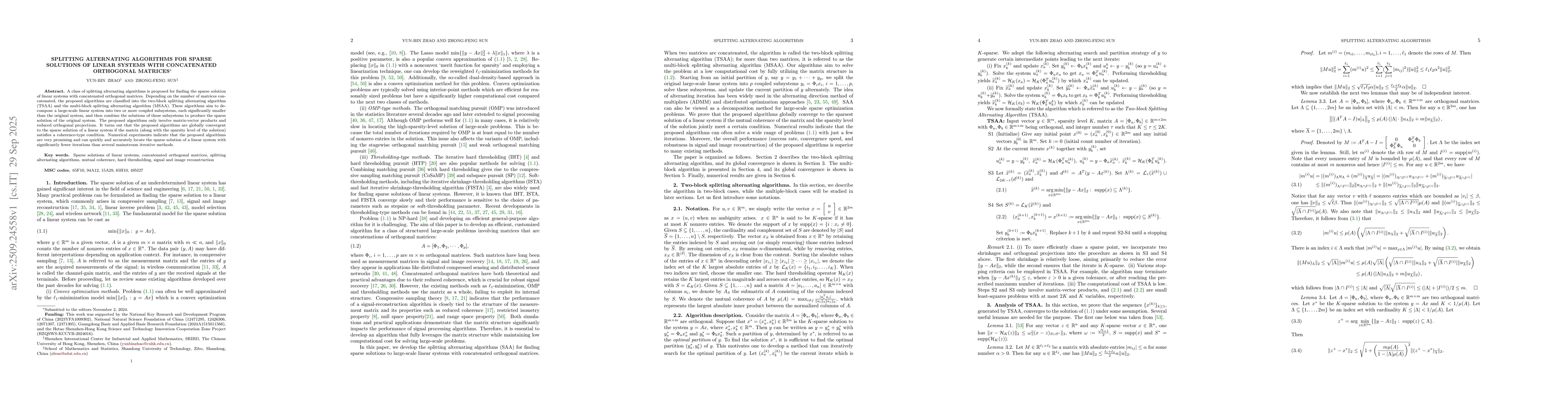 Thumbnail for Splitting Alternating Algorithms for Sparse Solutions of Linear Systems
  with Concatenated Orthogonal Matrices