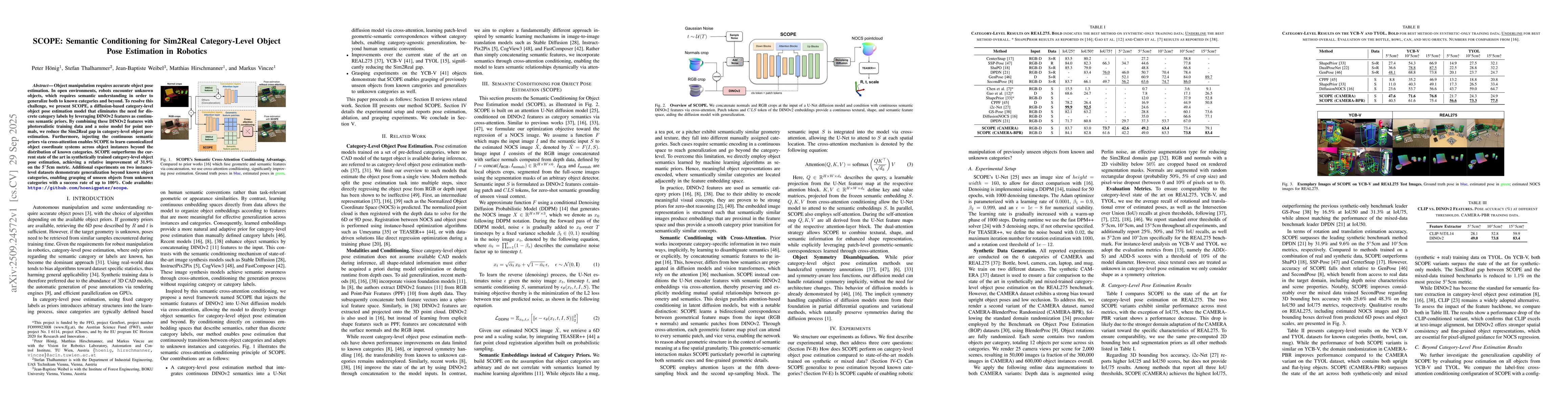 Thumbnail for SCOPE: Semantic Conditioning for Sim2Real Category-Level Object Pose
  Estimation in Robotics
