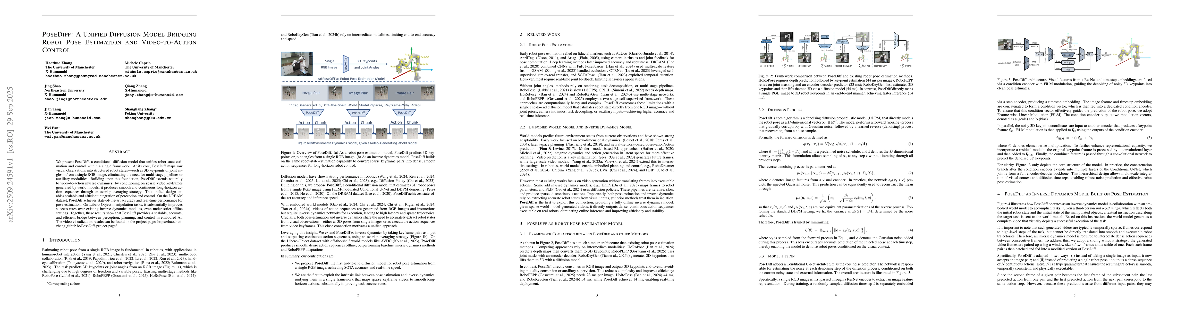 Thumbnail for PoseDiff: A Unified Diffusion Model Bridging Robot Pose Estimation and
  Video-to-Action Control