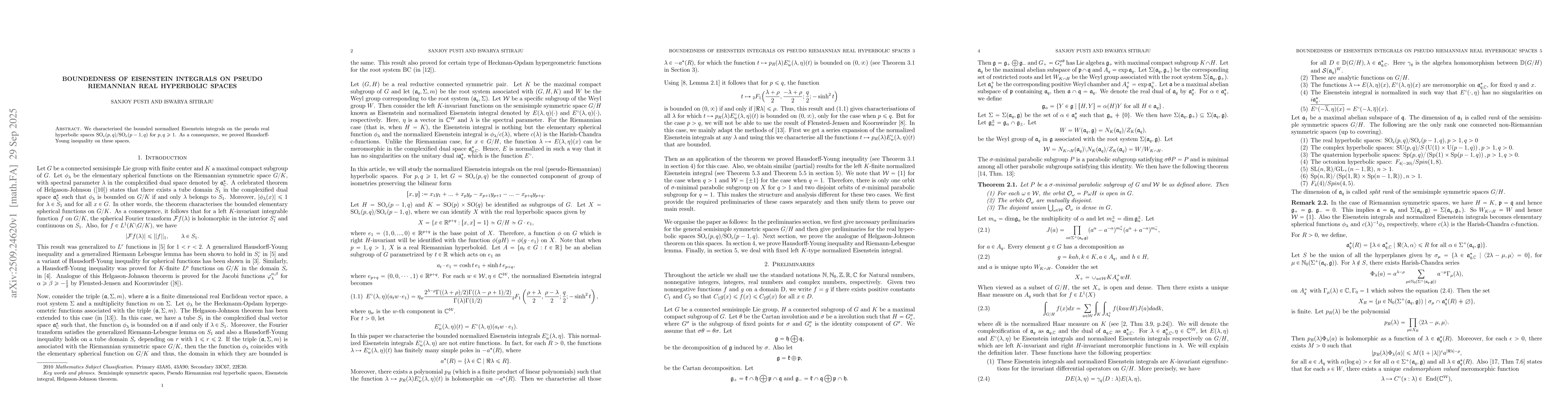 Thumbnail for Boundedness of Eisenstein integrals on Pseudo Riemannian real hyperbolic
  spaces