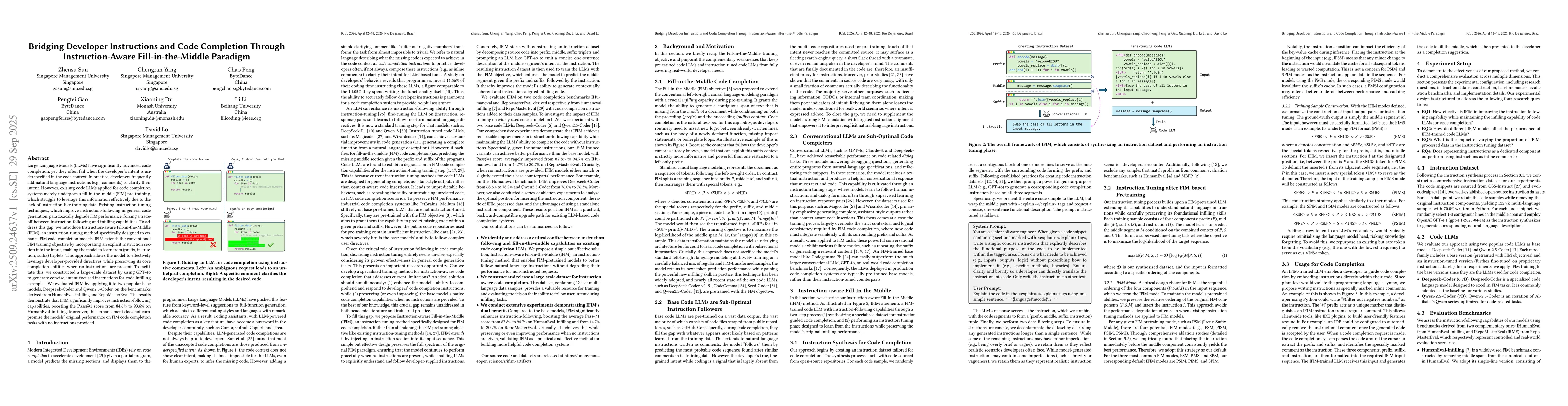 Thumbnail for Bridging Developer Instructions and Code Completion Through
  Instruction-Aware Fill-in-the-Middle Paradigm