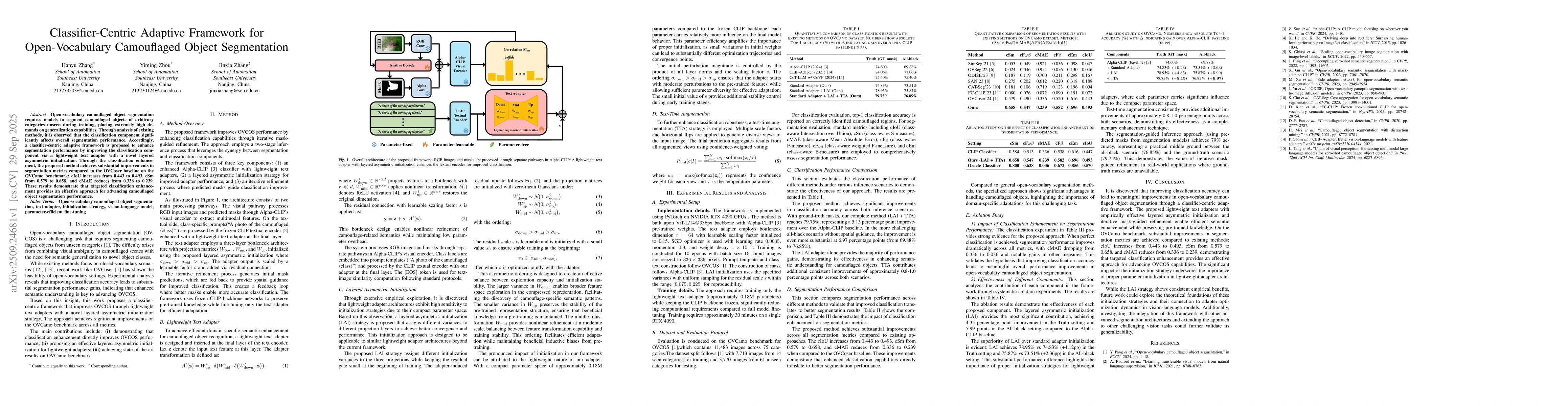 Thumbnail for Classifier-Centric Adaptive Framework for Open-Vocabulary Camouflaged
  Object Segmentation