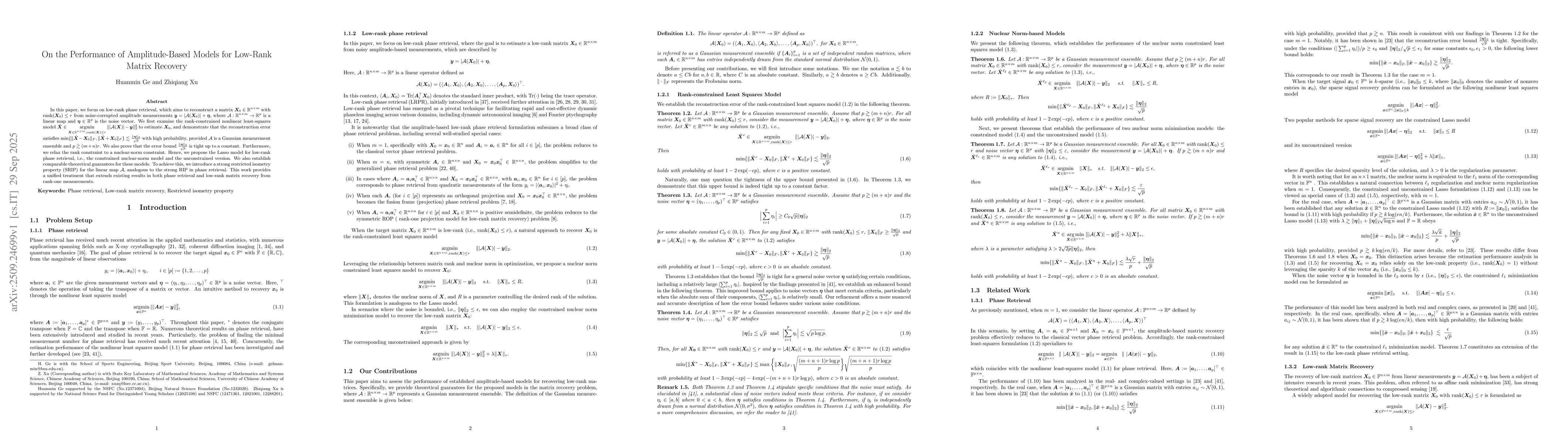 Thumbnail for On the Performance of Amplitude-Based Models for Low-Rank Matrix
  Recovery
