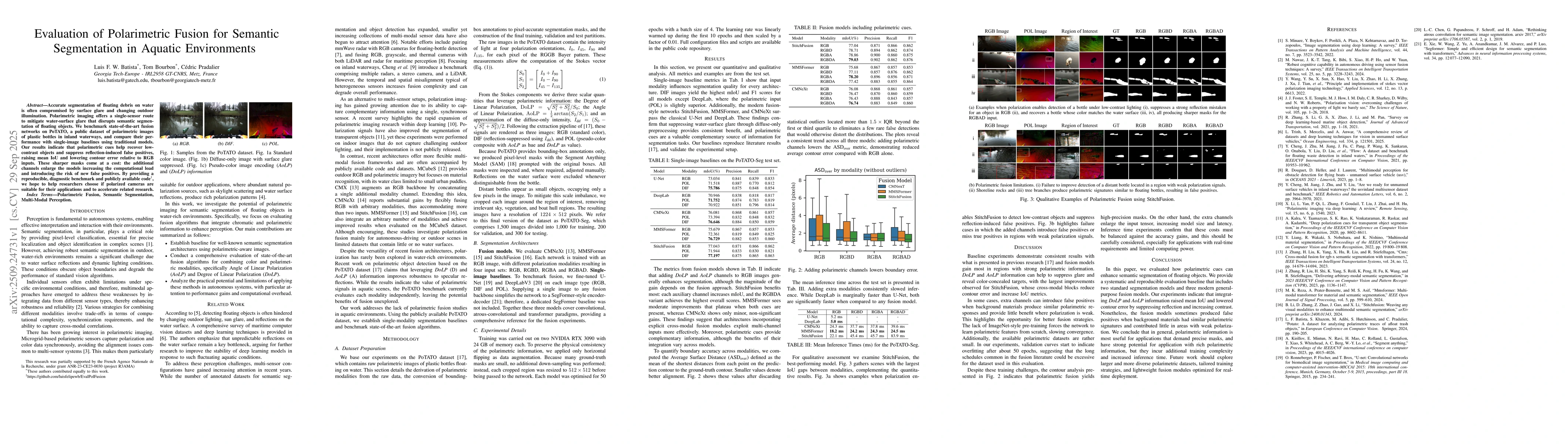Thumbnail for Evaluation of Polarimetric Fusion for Semantic Segmentation in Aquatic
  Environments