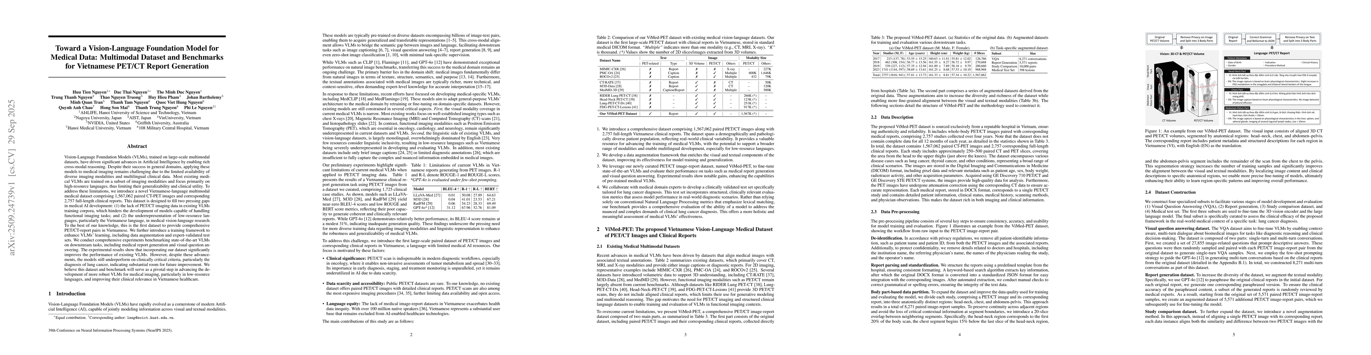 Thumbnail for Toward a Vision-Language Foundation Model for Medical Data: Multimodal
  Dataset and Benchmarks for Vietnamese PET/CT Report Generation