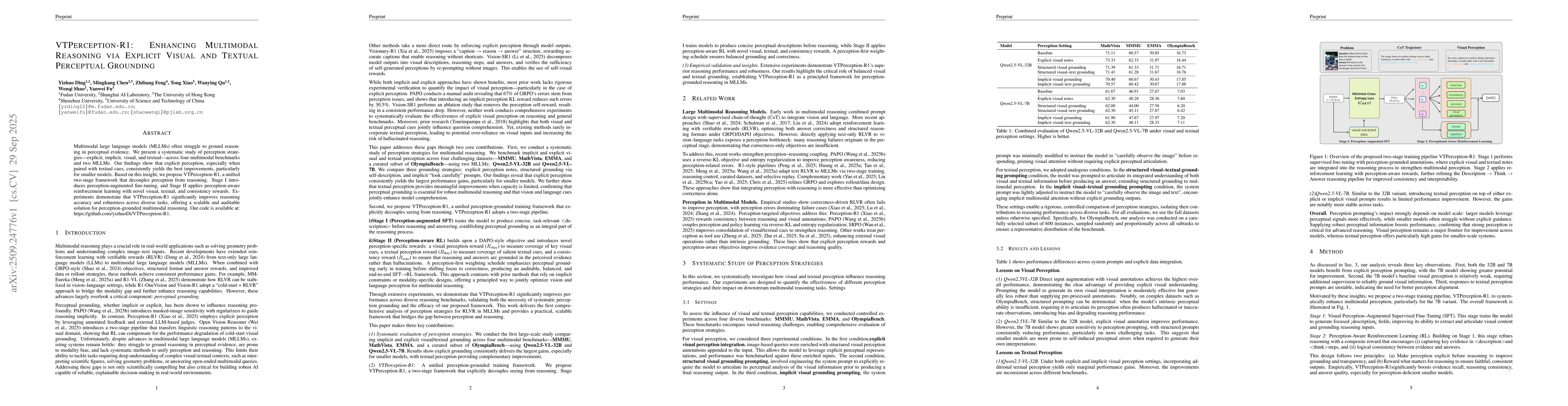 Thumbnail for VTPerception-R1: Enhancing Multimodal Reasoning via Explicit Visual and
  Textual Perceptual Grounding