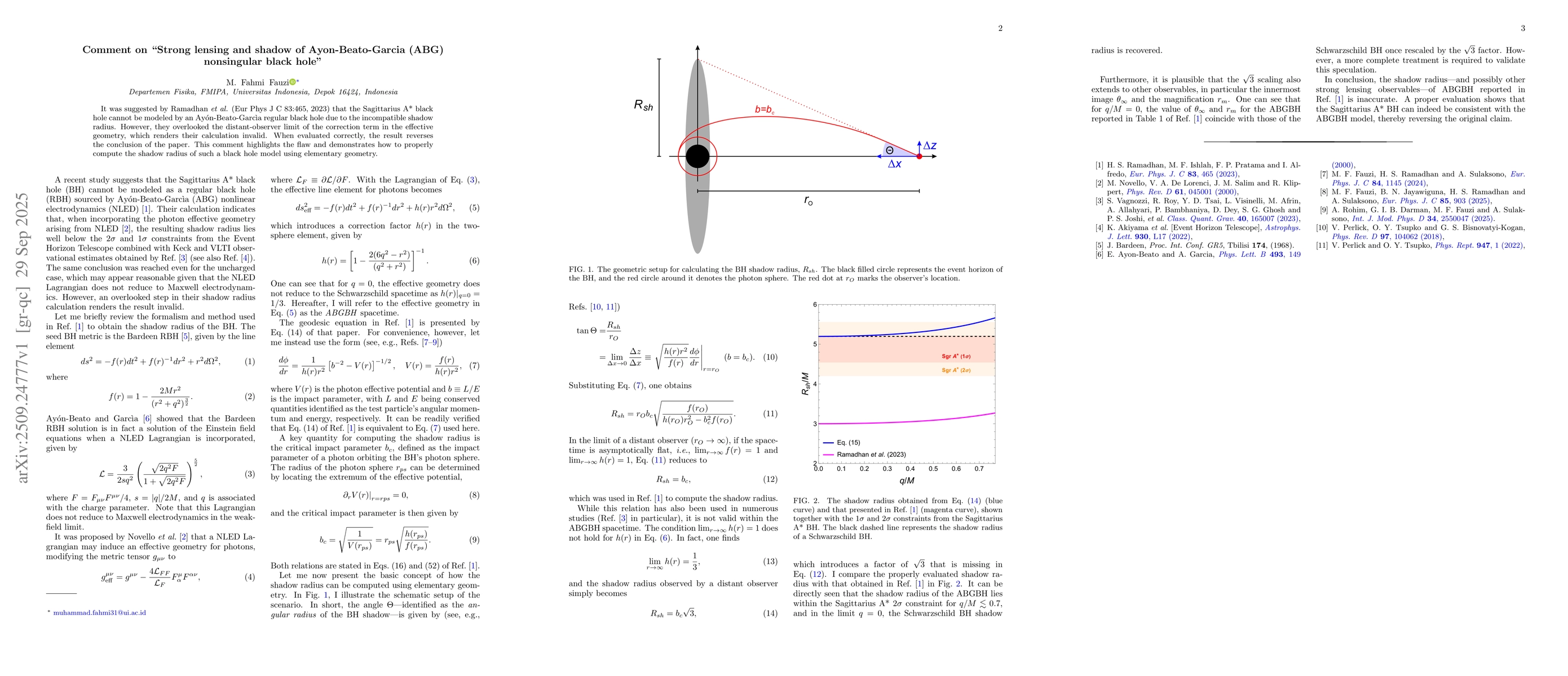 Thumbnail for Comment on "Strong lensing and shadow of Ayon-Beato-Garcia (ABG)
  nonsingular black hole"