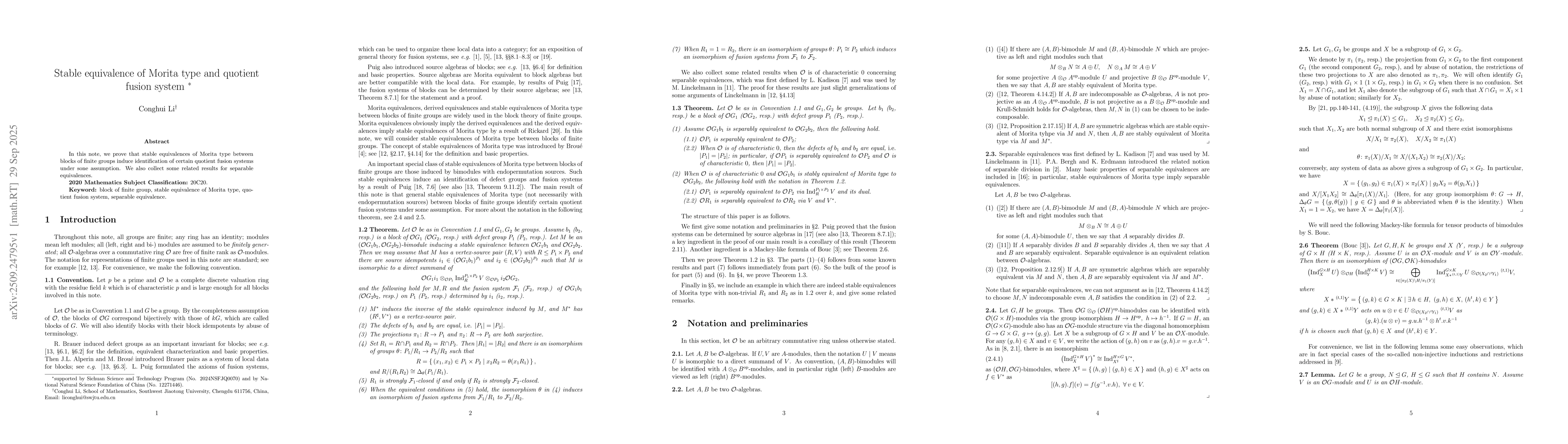 Thumbnail for Stable equivalence of Morita type and quotient fusion system