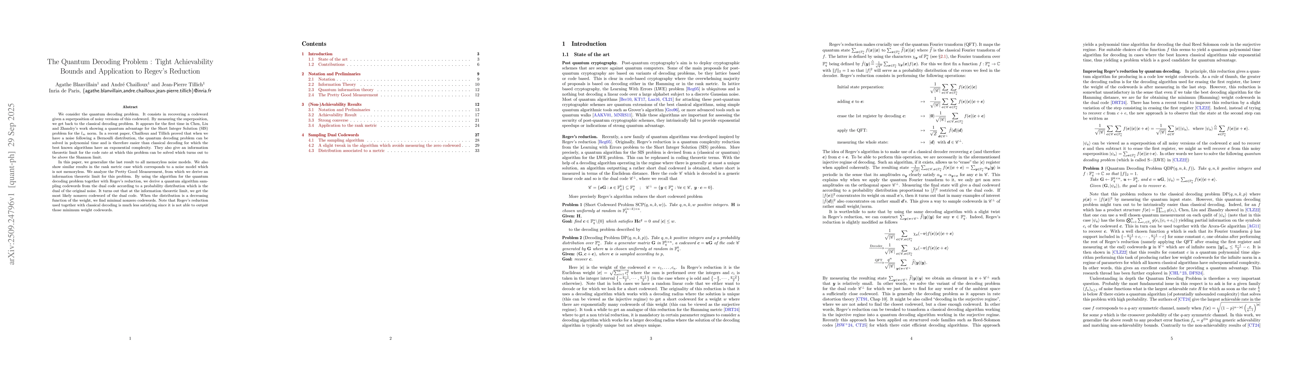 Thumbnail for The Quantum Decoding Problem : Tight Achievability Bounds and
  Application to Regev's Reduction