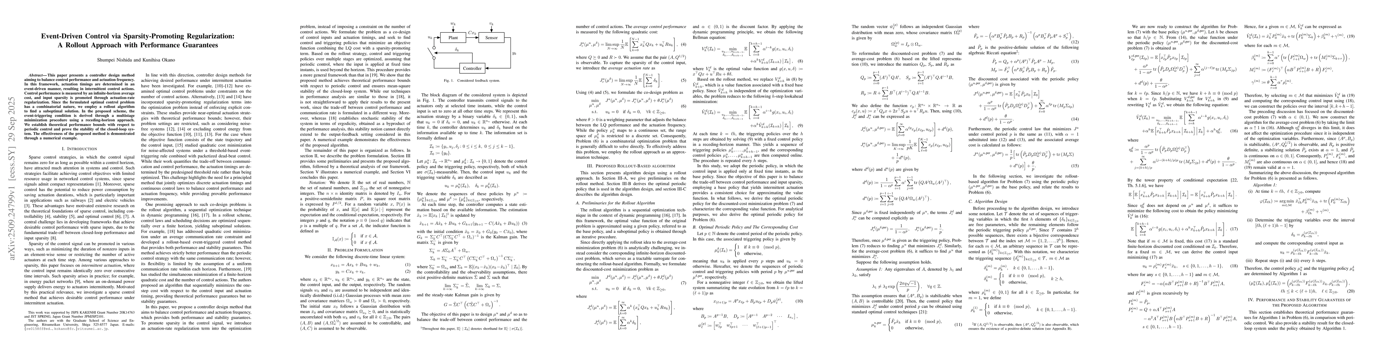 Thumbnail for Event-Driven Control via Sparsity-Promoting Regularization: A Rollout
  Approach with Performance Guarantees