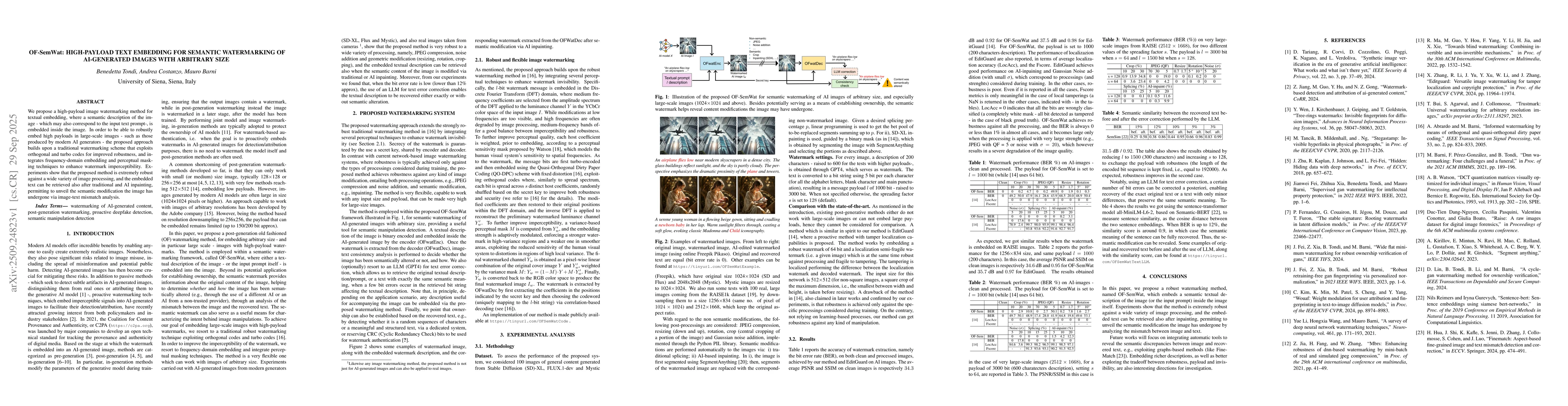 Thumbnail for Of-SemWat: High-payload text embedding for semantic watermarking of
  AI-generated images with arbitrary size