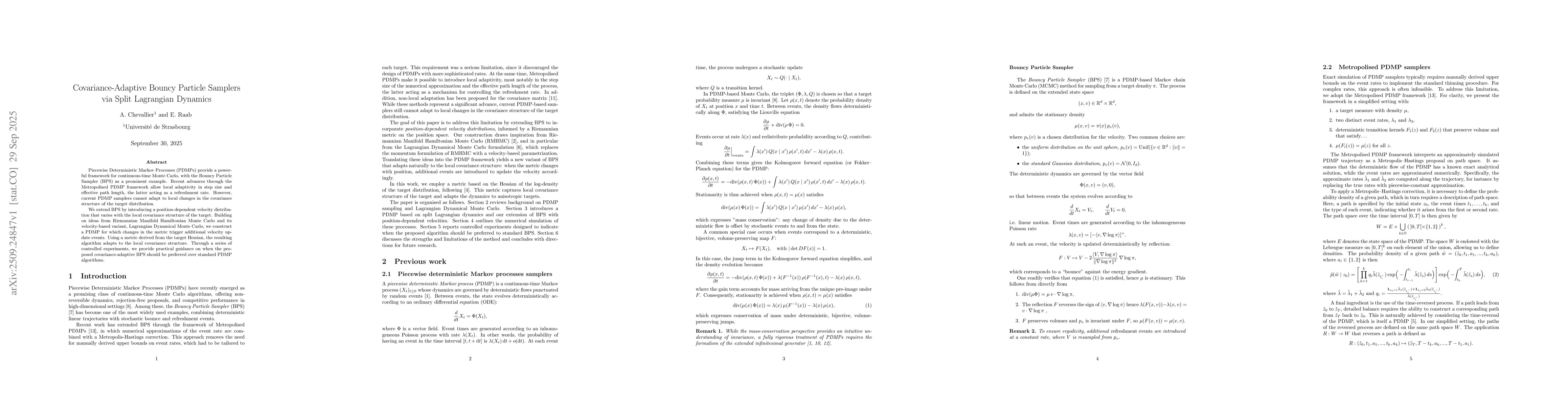 Thumbnail for Covariance-Adaptive Bouncy Particle Samplers via Split Lagrangian
  Dynamics