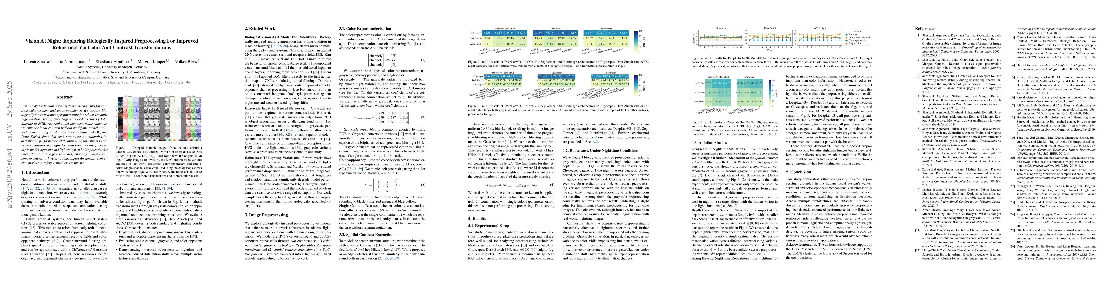 Thumbnail for Vision At Night: Exploring Biologically Inspired Preprocessing For
  Improved Robustness Via Color And Contrast Transformations