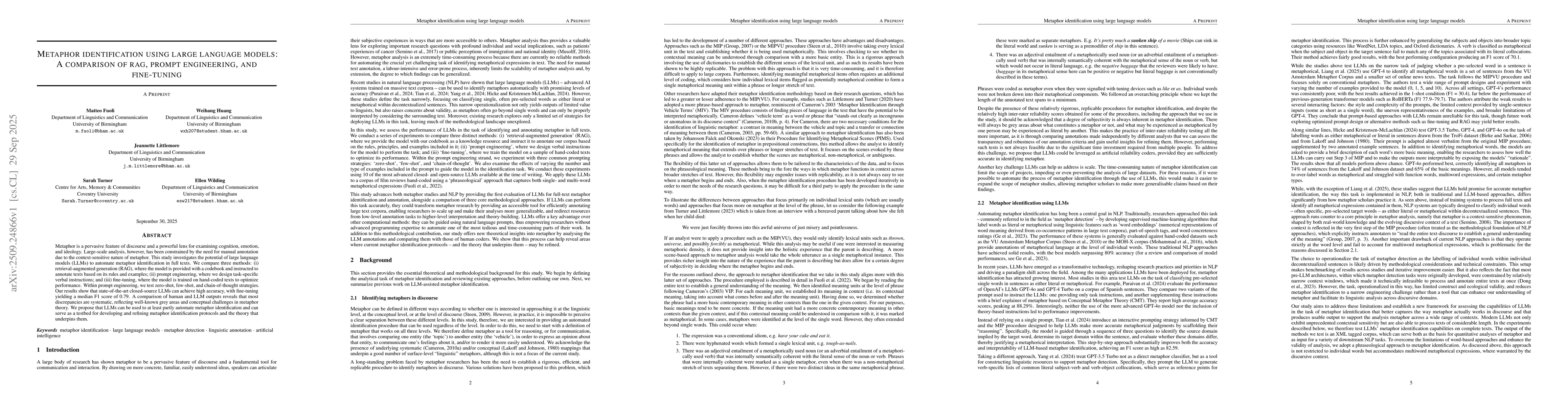 Thumbnail for Metaphor identification using large language models: A comparison of
  RAG, prompt engineering, and fine-tuning