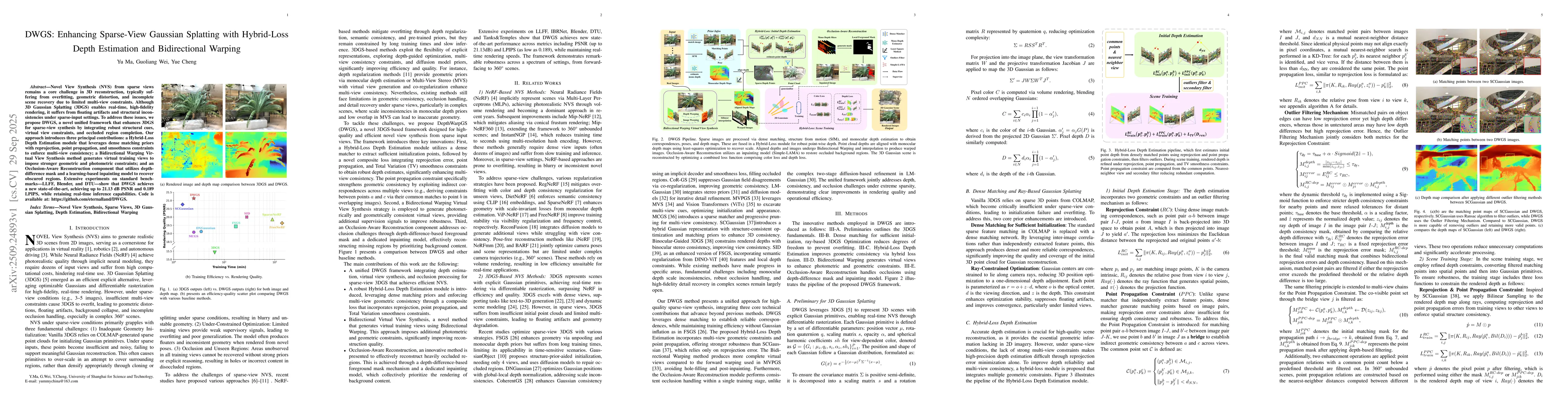 Thumbnail for DWGS: Enhancing Sparse-View Gaussian Splatting with Hybrid-Loss Depth
  Estimation and Bidirectional Warping