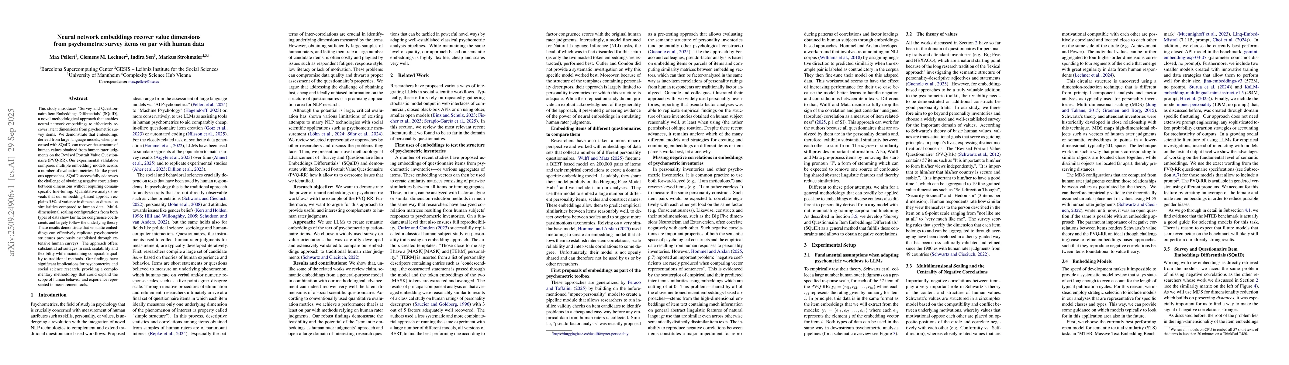 Thumbnail for Neural network embeddings recover value dimensions from psychometric
  survey items on par with human data