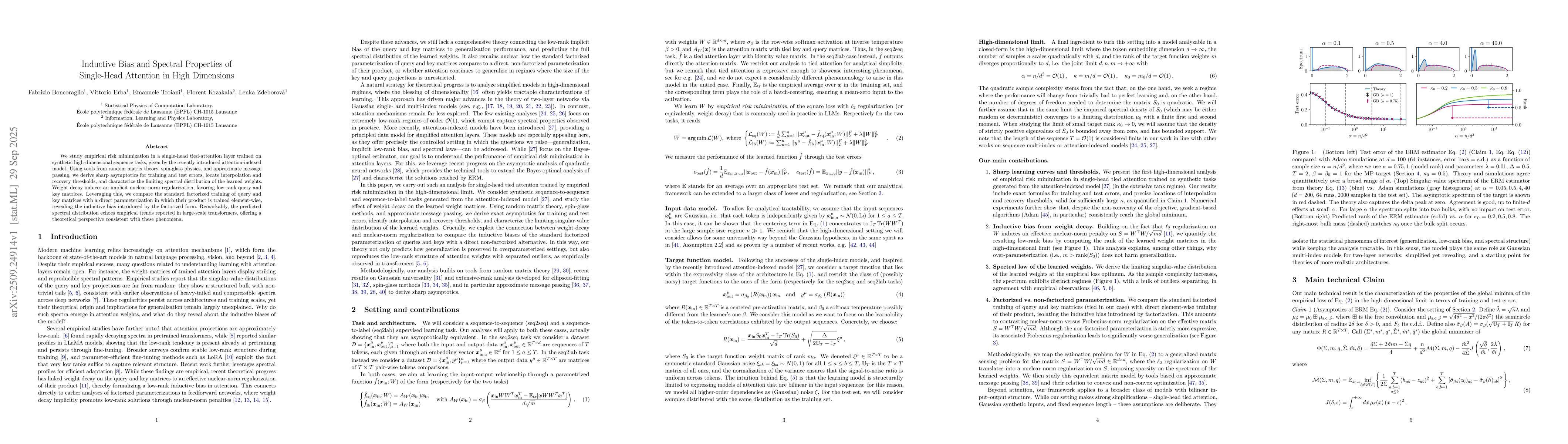 Thumbnail for Inductive Bias and Spectral Properties of Single-Head Attention in High
  Dimensions